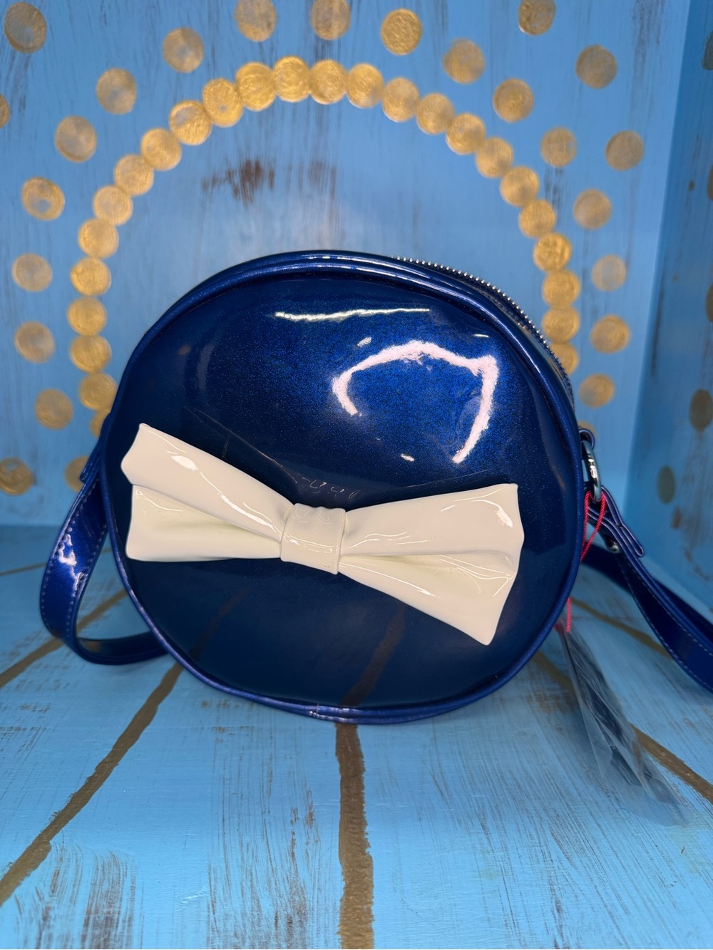 NWT Sourpuss Metallic Blue Crossbody Bag with White Bow *broken zipper*